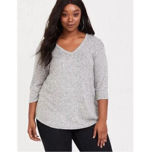 TORRID 3 V-Neck Lace-Up Shoulder Sweater Heather Gray Plus 3X 22W 24W Super Soft